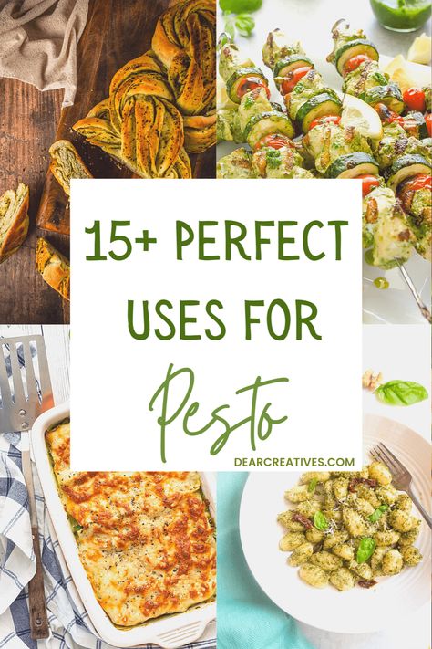 Go beyond the classic pesto pasta and make these recipes using pesto! Light, refreshing, and easy to make recipes. These recipes with pesto include bread, veggie dishes, lasagna, gnocchi, chicken kabobs, pork tenderloin, shrimp, pizza, tofu… view the entire list of pesto recipes below. Add them to your dinners, side dishes, and meal plans! #pestorecipes #recipesusingpesto #dinnerideaswithpesto #appetizerswithpesto #pesto #recipes #listofpestorecipes #recipeswithpesto Jarred Pesto Recipes, Pesto Ideas Dishes, Pesto Recipes Dinner, Recipes With Pesto, Recipes Using Pesto, Gnocchi Chicken, Pesto Uses, Vegetarian Pesto, Pesto Dishes