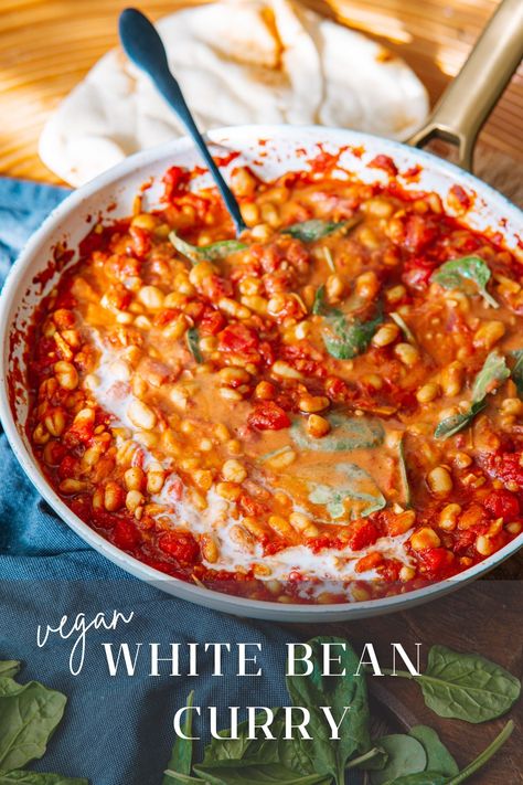 White Bean Curry is an easy, 30-minute, vegan and gluten-free dish that is perfect for busy weeknights. This warm and savory recipe makes use of pantry staples. It is so versatile too! Serve over steamed rice and with a side of warm naan. White Bean Curry, Bean Curry, Savory Recipe, Kinds Of Beans, Beans Curry, Gluten Free Dishes, Vegan Curry, Coconut Yogurt, Steamed Rice