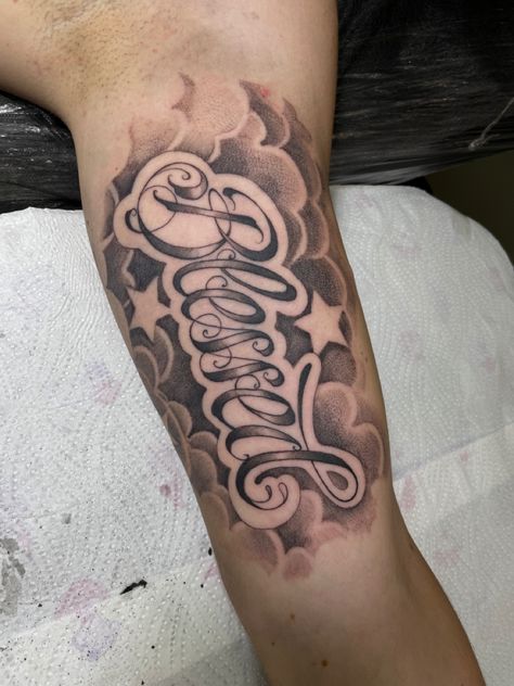 Blessed Arm Tattoo, Area Code Tattoo Men, Name Tattoos For Men Forearm, Blessed Tattoo For Men, Heavenly Tattoos, Inner Bicep Tattoo Men, Last Name Tattoo, Biceps Tattoo, Inside Bicep Tattoo