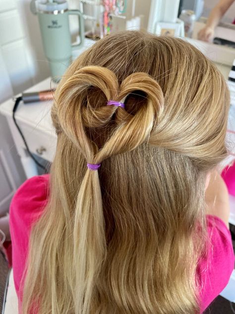 Heart Hairstyles for Girls: 3 cute dos you can pull off for Valentine's Day Heart Hair Clips Hairstyles, Heart Ponytails For Kids, How To Do A Heart In Your Hair, Girls Valentines Hair, Heart In Hair Hairstyles, How To Do Heart Buns, Heart Buns Hair, Heart Hairstyle For Kids Easy, Heart Buns Hairstyle