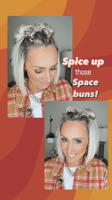 Short Bob Space Buns, 2 Buns Hairstyle Short Hair, Mini Space Buns Short Hair, Curly Space Buns Half Up, Space Buns Half Up Half Down Short Hair, Half Up Space Buns Short Hair, Spacebuns Tutorial, Short Hair Space Buns Half Up, How To Do Space Buns Short Hair