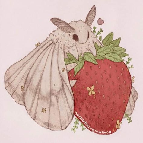 Artist name on pictures #strawberry #moth Poodle Moth Drawing, Cute Bugs Drawing, Moth Drawing Reference, Little Creatures Drawing, Cute Bug Art, Cute Creatures Art, Cute Moth Art, Cute Moth Drawing, Cute Bug Drawing