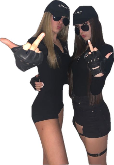 halloween duo fancy dress costume swat team police women cop uniform ladies fake gun badge black bodysuit cops inspo 2022 halloween party BFF bestie duet 2 people two blonde and brunette hot sexy halloween outfits part er in crime Police Costume Women, Halloween Duo Costume, Swat Outfit, Police Aesthetic, Swat Costume, Halloween Duo, Blonde And Brunette, Cop Uniform, Halloween Duos