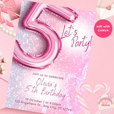 5th Birthday Invitation Template, Glitter Invitation Birthday Card, Girl Party Printable Invite, Instant Download Home Party 5th Birthday Girl Party Ideas, 5th Birthday Ideas For Girls Themes, 5th Birthday Invitation, 5th Birthday Girls, Bday Invitations, Glitter Invitations, Bday Girl, Girl Themes, Birthday Invitation Template