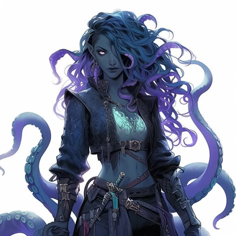 Seafolk Fantasy Art, Alien Pirate Character Design, Sea Elf Warlock, Air Genasi Female Druid, Dnd Water Genasi Female Druid, Merfolk Clothing, Water Genasi Warlock, Drow Sorcerer Female, Dnd Triton Female