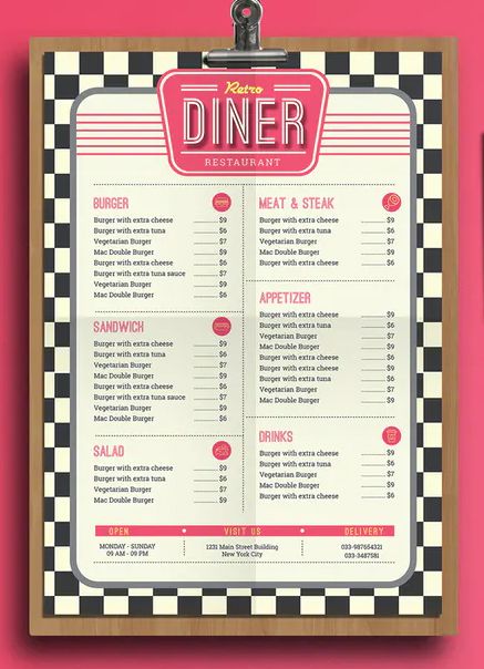 Retro Diner Food Menu Template AI, PSD Easy Diner, Menu Design Layout, Menu Board Design, Menu Sans Gluten, Diner Aesthetic, Diner Menu, Cv Inspiration, Burger Meat, Diner Restaurant