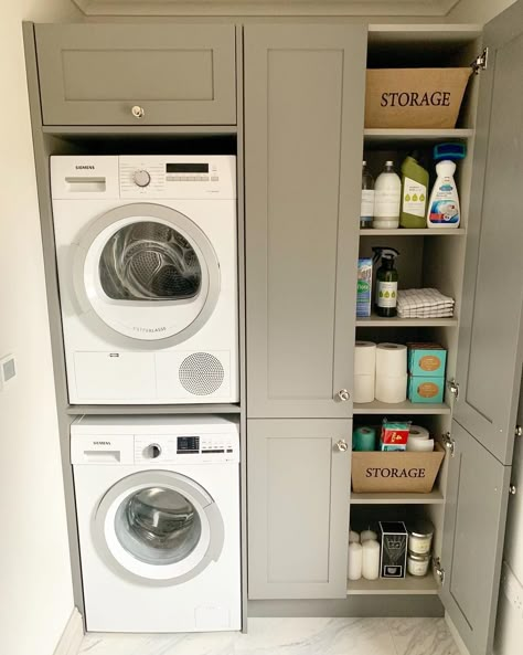 Laura on Instagram: “Utility Room- Lots of you asked to see the other side of the room.. I’m awful at bulk buying, so our cupboards are normally “pretty” rather…” Washer Dryer Laundry Room, Stacked Laundry, Laundry Room Pantry, Utility Ideas, Perfect Laundry Room, Small Utility Room, Utility Room Designs, Stacked Laundry Room, Utility Room Ideas