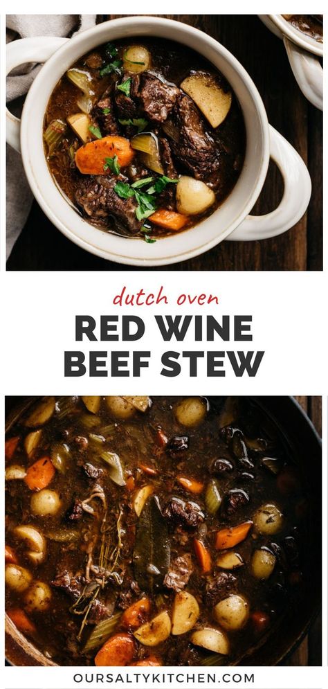 Beef stew with red wine in a bowl (top image) and in a dutch oven (bottom image) with a title bar in the middle that reads "dutch oven red wine beef stew". Beef Stew Recipe Red Wine, Beef Stew Wine, Beef Stew With Red Wine, Wine Beef Stew, Stew With Red Wine, Beef Stew Dinner, Beef Stew Crock, Beef Stew Recipes, Red Wine Beef Stew