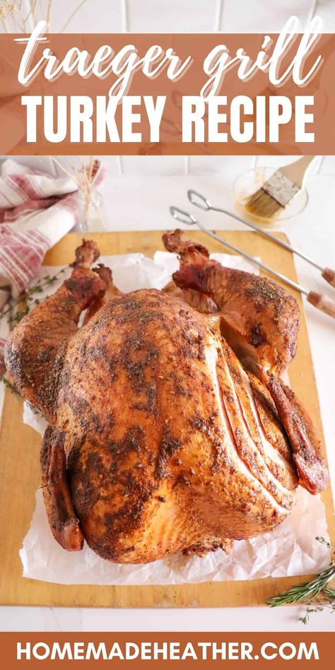 Turkey On The Grill, Traeger Smoked Turkey, Smoked Whole Turkey, Spatchcock Turkey Recipe, Grilled Turkey Recipes, Pulled Turkey, Spatchcock Turkey, Whole Turkey Recipes, Bbq Turkey