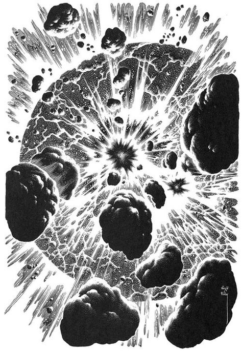 virgil_finlay_spacetravel_explode Explosion Drawing, Virgil Finlay, Comic Book Layout, Planets Art, Pulp Art, Ink Illustrations, Comic Illustration, Fantastic Art, Space Travel