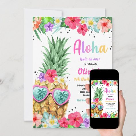 Hawaiian Luau Birthday Pineapple Pool Party Invitation  Zazzle Pineapple Pool Party, Luau Pool Party, Tropical Pool Party, Rainbow Pineapple, Hawaiian Invitations, Pineapple Birthday Party, Luau Birthday Invitations, Pineapple Birthday, Tropical Girl