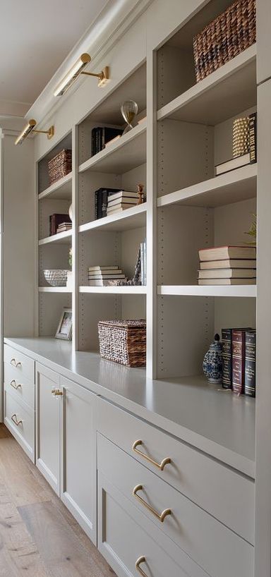 Revere Pewter Built Ins, Brown Built In Shelves Living Room, Taupe Office Built Ins, Taupe Built Ins, Taupe Bookcase, Built In Shelves Office, Taupe Built Ins Bookshelves, Dark Wood Built In Bookshelves, Basement Built Ins