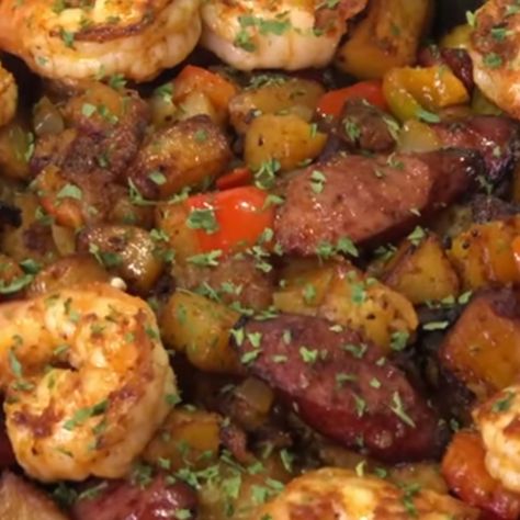 - Cajun Shrimp Sausage And Potato Skillet Sausage And Potatoes Skillet, Smothered Potatoes, Sausage And Potato Bake, Shrimp Pasta Dishes, Cajun Potatoes, Bacon Steak, Cajun Sausage, Potato Skillet, Shrimp Sausage