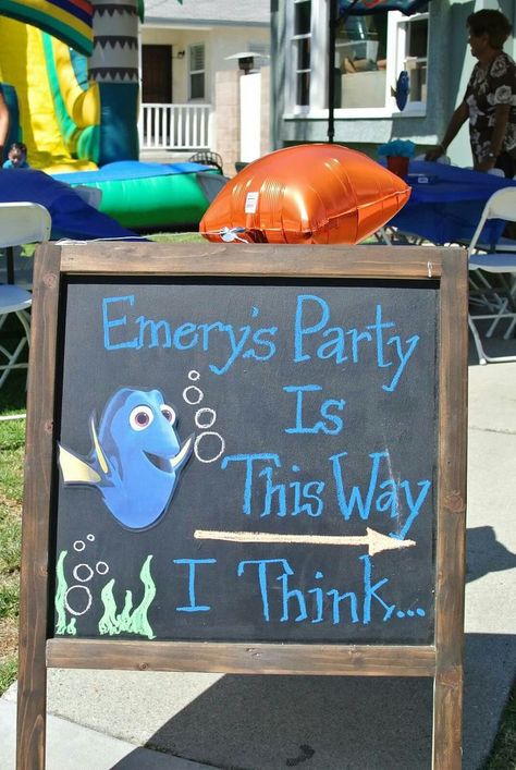 Finding dory party sign                                                                                                                                                                                 More Dory 2nd Birthday Party, Finding Nemo Third Birthday, Finding Dory 2nd Birthday Party, 2nd Birthday Nemo Theme, Finding Nemo Birthday Party Ideas For Girl, Find Nemo Birthday Party, Dory 1st Birthday Party, Nemo Themed First Birthday, Finding Nemo One Year Old Birthday