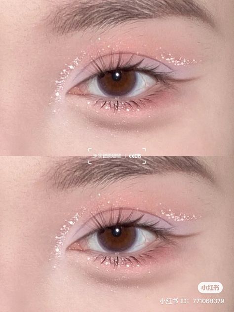 Pink Glitter Eye Makeup, Asian Makeup Looks, Pink Eye Makeup, Cute Eye Makeup, Doll Eye Makeup, Korean Eye Makeup, Pink Eye, Glitter Eye Makeup, Glitter Eye