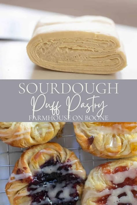 Learn how to make homemade sourdough puff pastry that can be used for anything from turnovers to pies. This easy recipes makes the most delicious, flaky, and buttery pastries. #farmhouseonboone #sourdough #sourdoughpuffpastry Sourdough Filo Dough, Sourdough Discard Toaster Strudel, Sour Dough Dessert Ideas, Sourdough Starter Ideas, Sourdough Discard Apple Turnovers, Sour Cream Pastry Dough, Sourdough Cream Puffs, Recipes With Sour Dough Starter, Sourdough Toaster Strudel