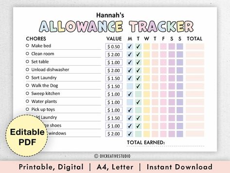 Editable Allowance Tracker Kids | Earn Money Chart | Daily Weekly Allowance Chore Chart | Money Reward Chart | Allowance Chart | PDF Chores Allowance Chart Earn Money, Daily Chores For Kids By Age, Chores For Kids By Age Allowance, Chore Chart With Money Reward System, Paid Chores For Kids Earn Money, Printable Chore Charts For Kids Free, Chores For Money Ideas, Allowance System For Kids, Pocket Money Chores