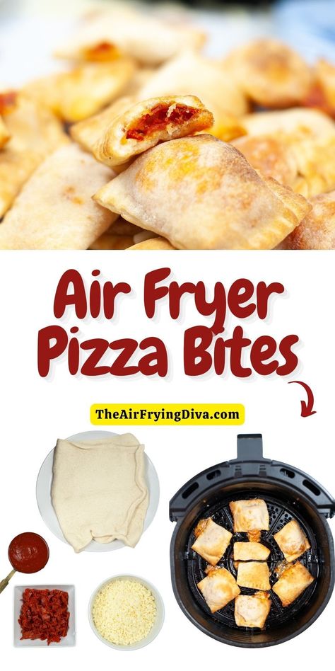 Air Fryer Pizza Bites, a simple four ingredient recipe for a bite sized appetizer or snack made in about 10 minutes.     Read more at: https://theairfryingdiva.com/air-fryer-pizza-bites/  #airfry #airfryersnack #airfryerreicpe #pizzasnacks Pizza Bites Appetizer, Air Fryer Pizza, Pizza Snacks, Bite Size Appetizers, Making Homemade Pizza, Pizza Bites, Air Fryer Dinner Recipes, Party Recipes, Oven Cooking