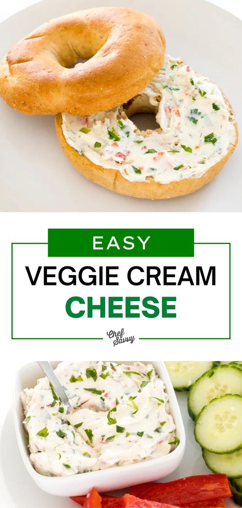 Save this recipe for How to Make Homemade Veggie Cream Cheese! This Veggie Cream Cheese is smooth, super creamy, and loaded with summer veggies like carrots, celery, and scallions. Schmeared on your favorite bagel or english muffin, this is the perfect way to start your day! Follow Chef Savvy for more sauce and dip recipes! Homemade Veggie Cream Cheese, Vegetarian Recipes With Cream Cheese, Garden Vegetable Cream Cheese Recipes, Garden Veggie Cream Cheese Recipe, Vegetable Cream Cheese Recipe, Veggie Cream Cheese Recipe, Cream Cheese Veggie Dip, Vegetable Cream Cheese, Veggie Cream Cheese