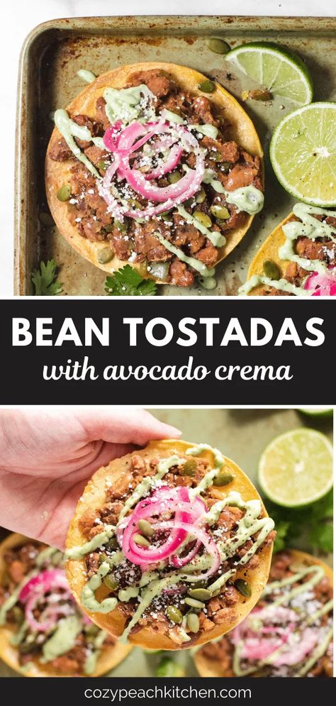 Seasoned and mashed pinto beans are served with avocado cream and quick pickled onions in these vegetarian pinto bean tostadas. These are perfect for quick weeknight dinners! Bean Tostada, Avocado Tostadas, Vegetarian Snacks Easy, Vegetarian Diet Recipes, Bean Tostadas, Meals Vegetarian, Pinto Bean Recipes, Tostada Recipes, Peach Kitchen