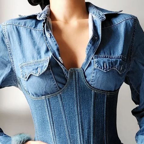 Denim Underbust Corset, Denim Corset Dress, Fitted Blue Denim Corset Dress, Denim Blue Spring Corset, Denim Blue Summer Corset, Trendy Denim Fitted Corset, Denim Button Down Shirt, Modern Corset, Corset Tops