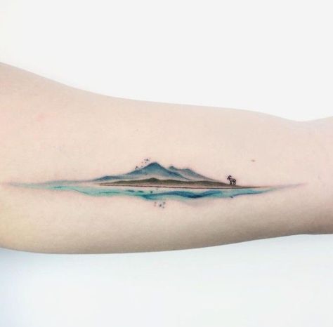 Mountain Tattoo Color, Color Line Tattoo, Mountain Ocean Tattoo, View Tattoo, Watercolor Mountains Tattoo, Travel Tattoo Ideas, Snow Tattoo, River Tattoo, Watercolor Tattoo Ideas