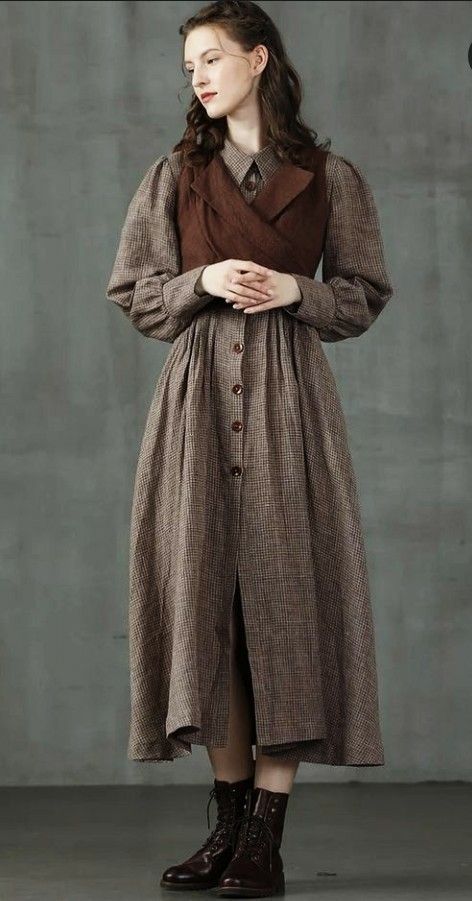 1800s Casual Clothes, Modern Midevil Outfits, Casual Fantasy Outfit, Shirt Dress With Vest, 1900s Womens Fashion, Fantasy Librarian, Modern Fantasy Clothing, Witch Robes, Wilderness Outfit