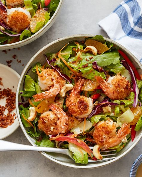 Coconut Shrimp Salad with Sesame-Ginger Vinaigrette Coconut Shrimp Salad, Primal Gourmet, 1960s Food, Ginger Vinaigrette, Coconut Shrimp Recipes, Shrimp Salad Recipes, Crunchy Salad, Sesame Ginger, Feel Good Food