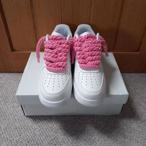 Nike Airforce 1 With Pink Rope Laces On sale on our website www.shopaz.co.za Air Forces With Rope Laces, Thick Sneakers, Rope Shoes, White Air Force 1, Backgrounds Girly, Nike Airforce 1, Shoes Too Big, Cute Nike Shoes, Thick Rope