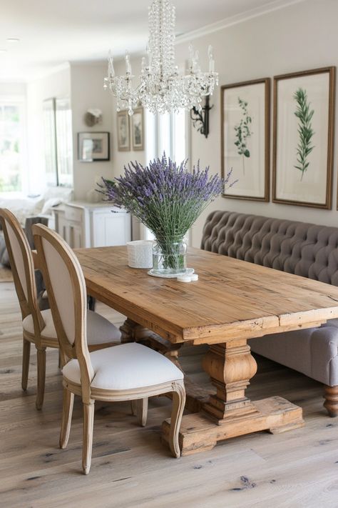 Elegant dining room with a rustic wooden table, lavender centerpiece, tufted grey sofa, and vintage-style chairs under a crystal chandelier. French Country Banquette Seating, Open Dining Room Ideas, Kitchen Table With Bench Against Wall, Transitional Breakfast Nook, Breakfast Nook Corner, Breakfast Nooks Ideas, Breakfast Nook Sitting Area, Farmhouse Breakfast Nook, Small Breakfast Nook