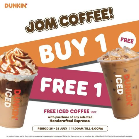 Dunkin' Jom Coffee Promotion: Buy 1 Get 1 Free Iced Coffee (26-28 July 2024) Dunkin Advertising, Coffee Promotion, Vacancy Coffee, America Runs On Dunkin, Mcdonald’s Ice Coffee, Vintage Dunkin Donuts Ads, Espresso Drink, Mcdonalds Chicken, Chicken Mcnuggets