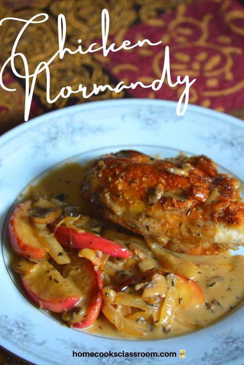 Chicken Normandy is a lovely and delicious french chicken dish.  It consists of bone-in chicken that has been dredged in flour and fried.  Then this chicken simmers in a combination of onions, apple slices, in a cream and apple cider until it is moist and tender.  So try out this comforting recipe! Chicken Normandy, French Chicken Recipes, Chicken Home, Classic French Dishes, French Dishes, Braised Chicken, Scalloped Potatoes, French Cooking, French Food