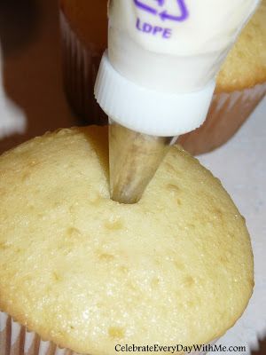 How to Fill a Cupcake | Celebrate Every Day With Me How To Put Filling In Cupcakes, Filling Cupcakes How To, How To Fill Cupcakes With Filling, Cake With Cupcakes Around It, Cupcakes With Filling Inside, Filled Cupcakes Easy, Cupcake Filling Recipes, Cupcake Filling, Cream Filled Cupcakes