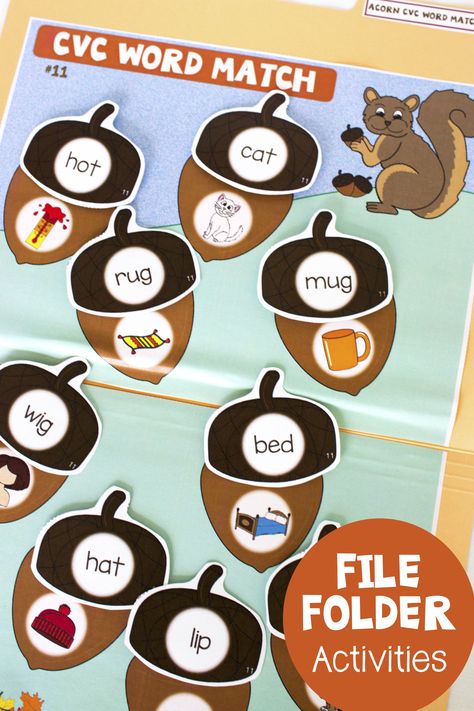 Fall Themed File Folder Activities! - Make Take & Teach Thanksgiving File Folder Games, File Folder Activities Free Printables, File Folder Games Free, Cvc Word Games, Vowel Activities, Folder Activities, Cvc Word Activities, File Folder Activities, Education Post