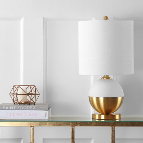 White Ceramic & Brass Table Lamp — Pier 1 Round Lamps, Target Office, Round Table Lamp, Table Lamp White, Round Lamp, Gold Table Lamp, Nightstand Lamp, Table Metal, Table Lamp Base