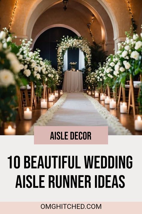 Planning your wedding? Discover these 10 beautiful aisle runner ideas that will make your big day unforgettable! Picture a lovely white floral-patterned runner leading to a stunning arch with greenery and white flowers. What a way to say 'I do'! From rustic styles to elegant designs, you'll find creative ways to decorate your aisle. Whether you want it simple or fancy, these ideas are sure to inspire. See how you can add that special touch to your ceremony! Don't forget to save this for later and follow for more wedding tips! Chapel Ceremony Decorations, Wedding Aisle Runner Ideas, Wedding Aisle Decorations Indoor, Wedding Isles Decoration, Aisle Runner Ideas, Biker Wedding Dress, Beautiful Wedding Aisle, Arch With Greenery, 32nd Wedding Anniversary