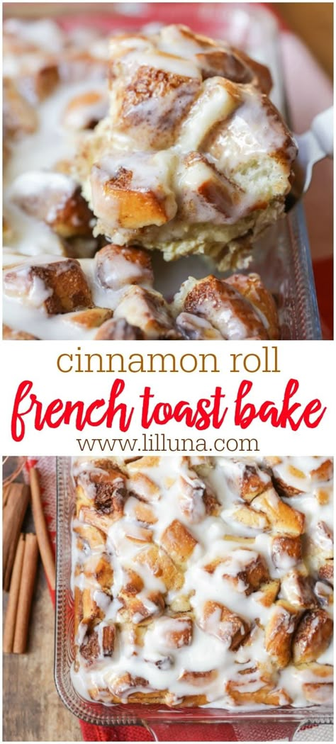 This overnight Cinnamon Roll French Toast Bake gives you all the ooey gooey goodness of warm cinnamon rolls, with the ease of an overnight breakfast casserole. It's the perfect breakfast or brunch item during the holidays! Cinnamon Rolls French Toast Bake, Overnight Cinnamon Roll French Toast, Cinnamon Roll French Toast Casserole, Cinnamon Roll French Toast Bake, Overnight Casserole, French Toast Bake Overnight, Cinnamon Roll French, Cinnamon Roll French Toast, French Toast Casserole Overnight