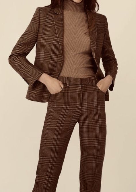 Brown Plaid Suits Women, Tweed Outfit Women, Womens Plaid Suit, Plaid Trousers Outfit, Plaid Suits Women, Tweed Suit Women, Brown Tweed Suit, Basic Japanese, Architecture Firms