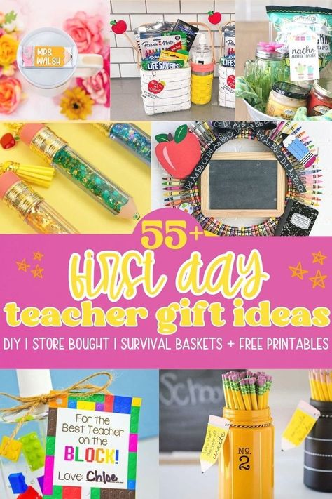 Find the perfect first day of school teacher gifts with our list of 58 thoughtful ideas! From printables and DIY gifts to handmade crafts and creative baskets, our gift guide has everything you need to show your appreciation. Ideal for preschool, daycare, and elementary teachers, these simple and affordable gift ideas will start the school year off on a positive note. Explore our collection and find the perfect gift to make your child's teacher feel special! First Day Of School Basket For Teacher, Start Of The Year Teacher Gifts, Teacher Gifts Start Of The Year, First Day Of Preschool Teacher Gift, Preschool Teacher Gifts First Day, Teacher Gifts First Day Of School, First Day Of School Teacher Gift Ideas, First Day Teacher Gifts Ideas, Teacher First Day Gift