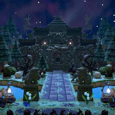 Spooky Campsite Animal Crossing, Acnh Resident Services Castle, Animal Crossing Dark Island, Animal Crossing Dark Forestcore, Acnh Vampire Island, Acnh Castle Island, Acnh Gothic Island Ideas, Acnh Vampire Design, Acnh Fantasy Designs