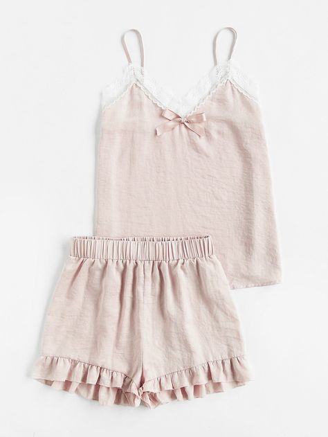 Shop Lace Trim Bow Detail Cami And Ruffle Shorts Pajama Set online. SheIn offers Lace Trim Bow Detail Cami And Ruffle Shorts Pajama Set & more to fit your fashionable needs. Pj Party Outfit, Pink Pjs, Pajamas Aesthetic, Summer Sleepwear, Shorts Pajama Set, Pajama Fashion, Casual Preppy Outfits, Big Clothes, Cute Comfy Outfits