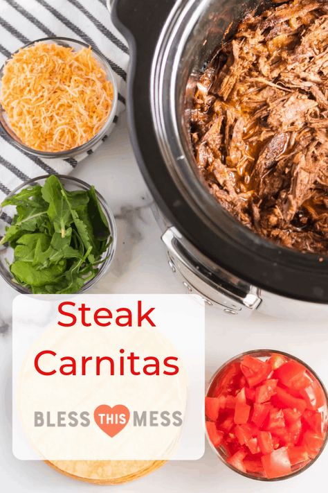 Smoky and hearty Steak Carnitas Meat in the Crock-Pot is one of the best set-it-and-forget-it meals that's exquisitely flavored and makes some tender and rich tacos. #carnitas #steakcarnitas #slowcooker #tacos #crockpot Carnitas Marinade, Steak Tacos Crockpot, Steak Carnitas, Meat In The Crockpot, Tacos Carnitas, Tacos Crockpot, Elk Steak, Easy Food Recipes, Crock Pot Tacos