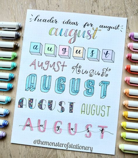 Stationery Monster on Instagram: “Since August is the 8th month of the year here are 8 header ideas for it 😊 . . . . . . . . . . #bulletjournal #bujo #bulletjournaltracker…” Arrow Ideas, 8th Month, Bullet Journal Titles, Header Ideas, Bullet Journal Headers, Bullet Journal 2020, Bullet Journal Font, Journal Fonts, Bullet Journal Banner