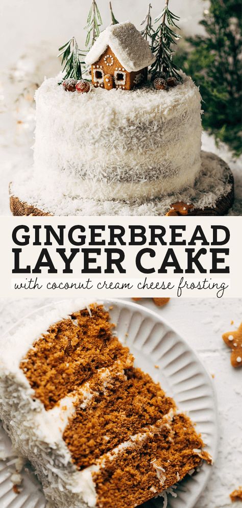 This soft gingerbread cake is covered in coconut cream cheese frosting and topped with a mini gingerbread house! Gingerbread and coconut isn't your typical flavor combination, but the two pair together perfectly to create the most beautiful Christmas cake! #gingerbread #gingerbreadcake #christmascake #christmas #butternutbakery | butternutbakeryblog.com Gingerbread Cake With Cinnamon Frosting, Coconut Christmas Cake, Gingerbread Decorated Cake, Christmas Gingerbread Desserts, Christmas Cake For Kids, Christmas Coconut Cake, Beautiful Christmas Cakes, Christmas Dessert Ideas Cake, Christmas Cake Desserts