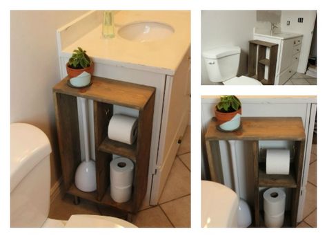 If you have a small bathroom, and cannot find a storage unit to fit your space. This is a tutorial for building your Side Vanity Storage Unit to attach to the side of your bathroom vanity. The idea is to contain toilet paper and other items people like to have near the toilet (e.g., plunger, Plunger Storage, Diy Shelves Bathroom, Hidden Toilet, Diy Bathroom Design, Bathroom Vanity Storage, Diy Bathroom Vanity, Best Bathroom Vanities, Diy Bathroom Storage, Toilet Paper Storage