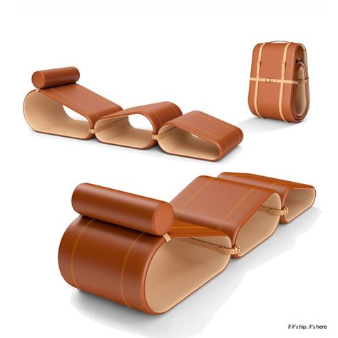 Louis Vuitton portable lounge chair by Marcel Wanders- if it's hip, it's here Nomadic Furniture, Portable Furniture, Foldable Furniture, Portable Chair, Leather And Wood, Marcel Wanders, Unique Chair, Folding Furniture, Lounge Chair Design