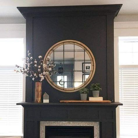 Mantle Black Fireplace, Black Fireplace Mantel, Black Fireplace Wall, Fireplace Redo, Big Clock, Paint Fireplace, Black Fireplace, Fireplace Mantle Decor, Fall Mantle