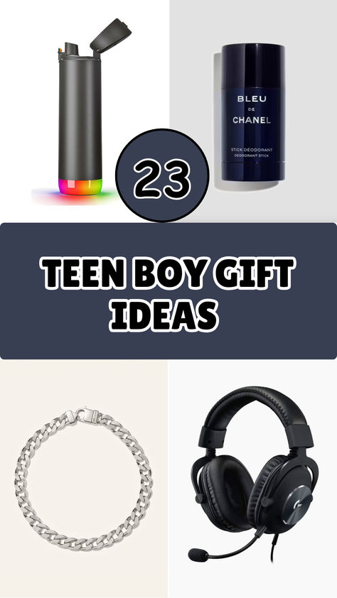 A sleek collage showcasing trendy and stylish gift ideas for teen boys. Features a glowing water bottle, Bleu de Chanel deodorant, a silver chain bracelet, and high-quality headphones. Perfect for inspiration on unique and practical gifts for teenage boys. Teen Boys Gift Ideas, Teen Boy Gift Ideas, Popular Gifts For Teens, Gift Ideas For Teen Boys, 15th Birthday Gift Ideas, Unique Gifts For Boys, Gifts For Teenage Boys