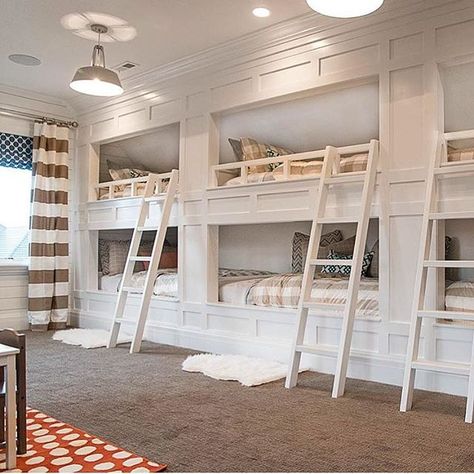 Hands down, bunk rooms are the best! Gotta love this beautiful & fun design by @meagan_rae_interiors. 4 Bunk Beds Built Ins Corner, 4 Bunk Beds In One Room Corner, Built In Bunk Beds Corner, Corner Bunk Room Ideas, Corner Bunk Beds Built In, Beach House Bunk Room, Tile Room, Corner Bunk Beds, Bunk Room Ideas