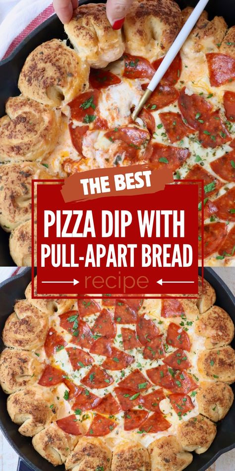 4 Dips One Pan With Pizza Dough, Baked Pizza Dip, Pizza Dip With Cream Cheese, Cheesy Pizza Dip, Marinara Dip, Pizza Dippers, Bread Bowl Dip, Pizza Dip Recipes, Pepperoni Pizza Dip